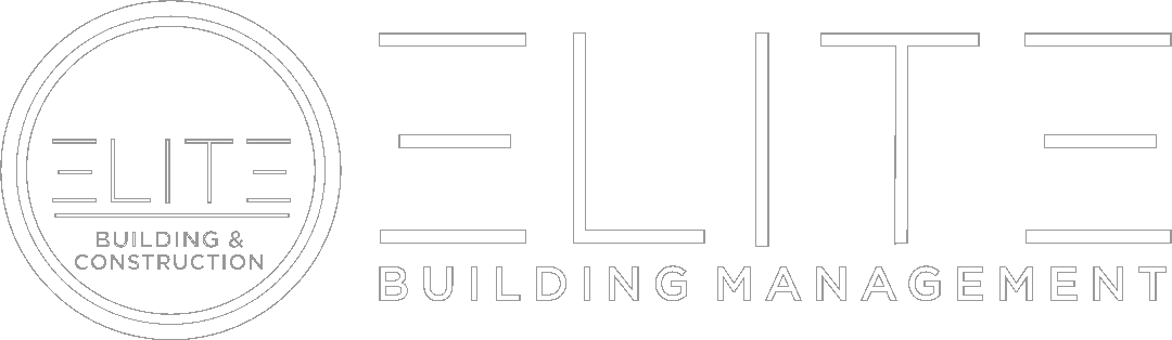 Logo for Elite Building Management featuring a circular emblem on the left with text Elite Building & Construction inside, and the word ELITE in bold, modern letters to the right above smaller text Building Management.