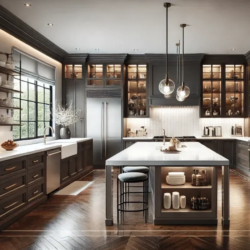 A modern kitchen with dark cabinets, a large white countertop island, and stylish pendant lights. It features stainless steel appliances, open shelving with dishes, a farmhouse sink, and herringbone wood flooring.