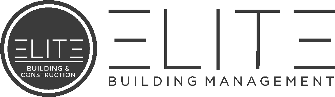 Logo for Elite Building Management. It features the word ELITE in a modern, bold font with Building & Construction inside a circular emblem on the left. The design is in black and white.