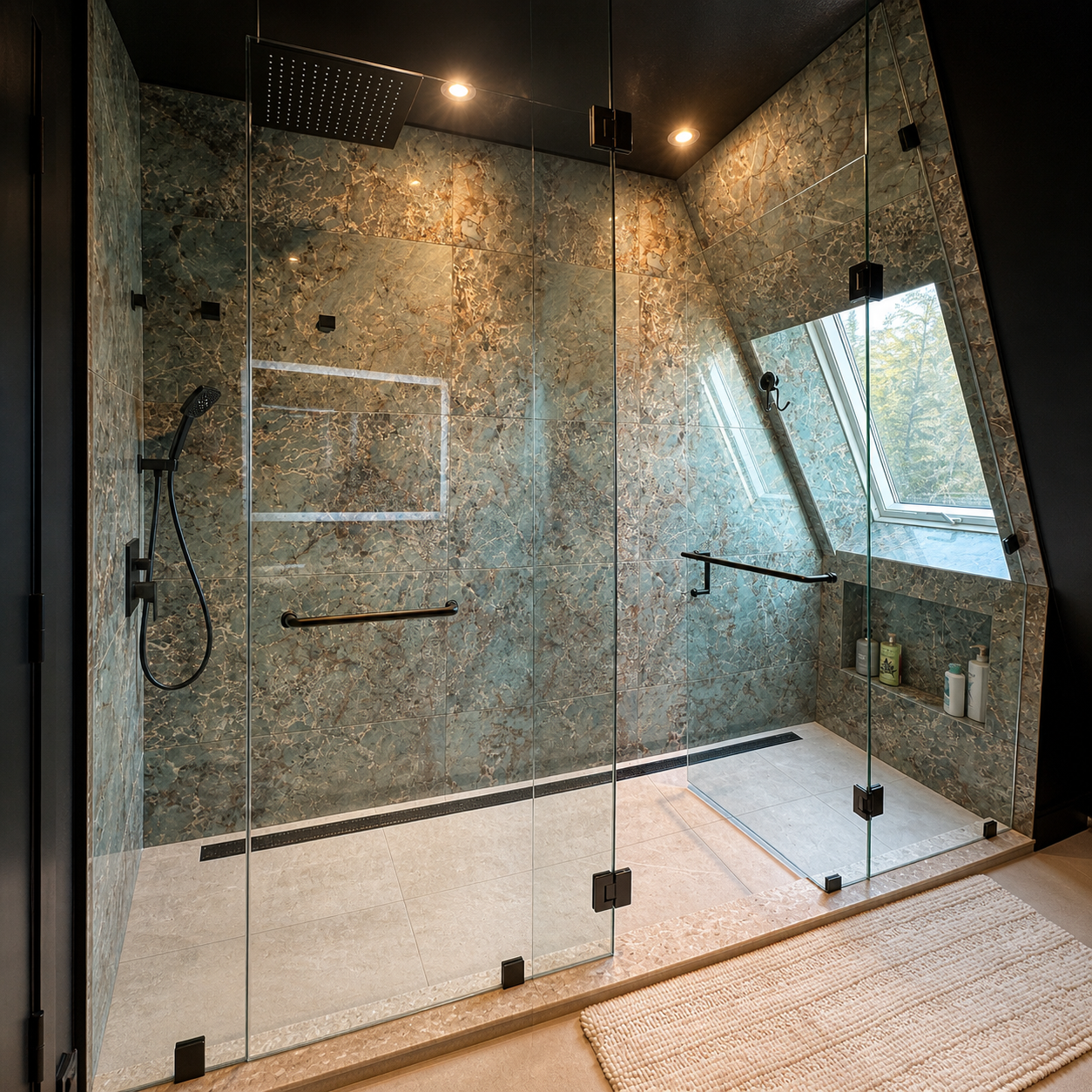 Glass-enclosed, spa-style shower with teal marble walls, a rainfall ceiling shower, and a handheld shower head; angled skylight window lets in natural light.