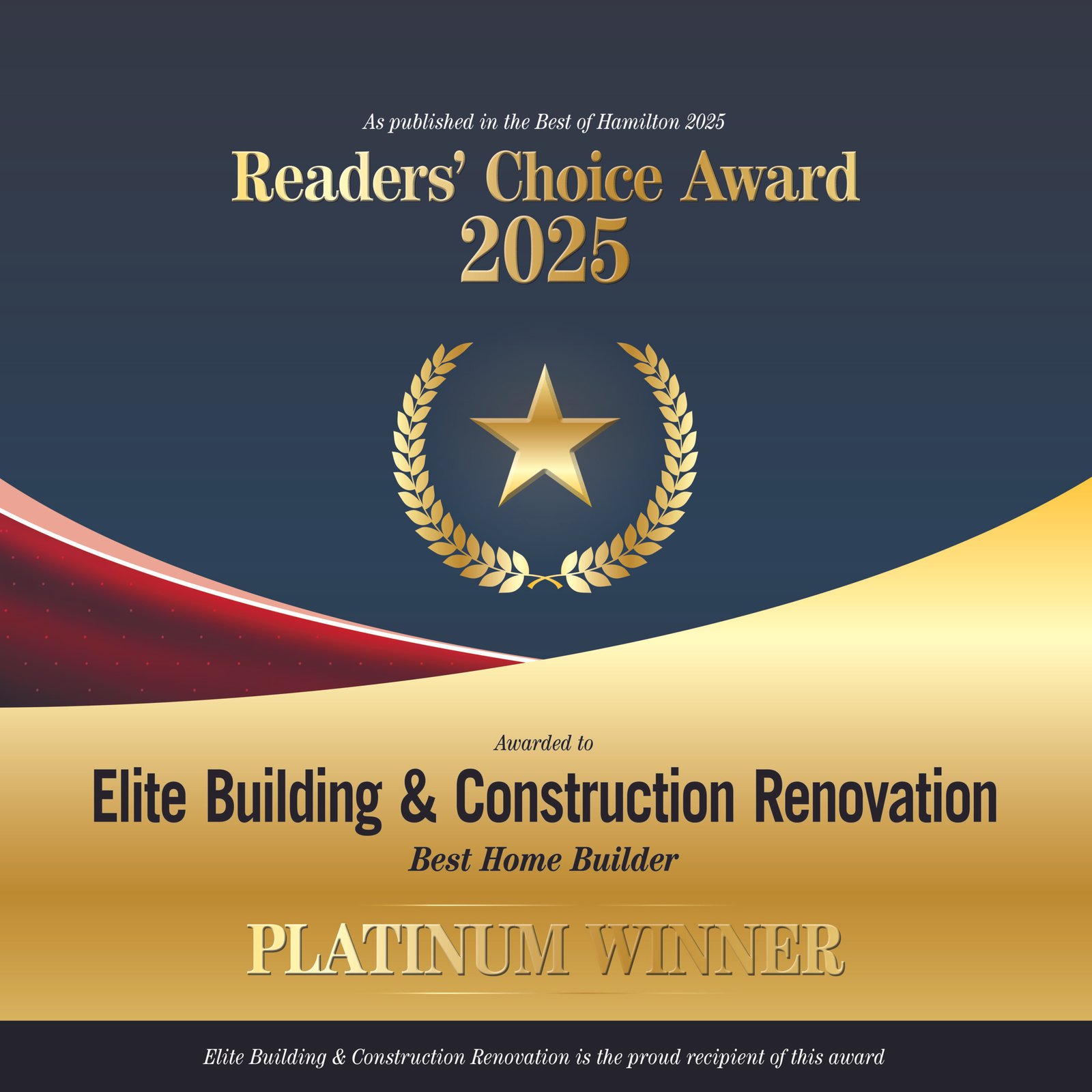 Award certificate banner with gold text 'Readers' Choice Award 2025' and laurel wreath on a dark blue gradient background, decorative ribbon at bottom left and right edges.