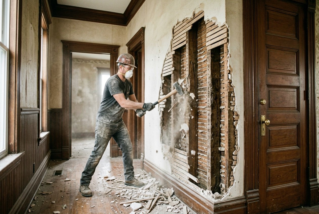 a photo of demolishing an interior wall in a century home » elitebuilding.ca Construction worker in hard hat and dust mask swinging a hammer to break through a wall in a vintage hallway with wooden trim, debris on the floor.