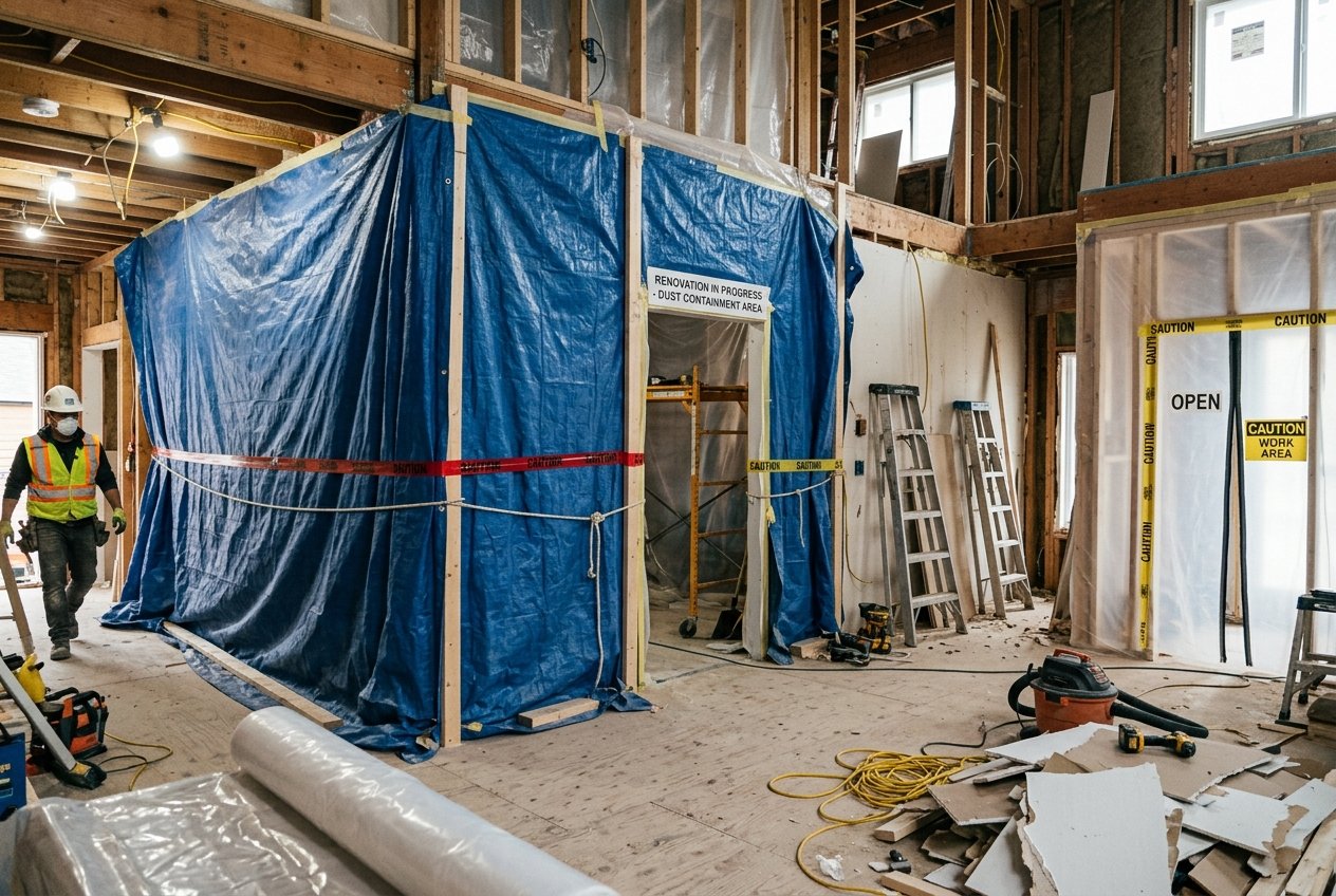 an image of tarped off areas in a renovation project » elitebuilding.ca