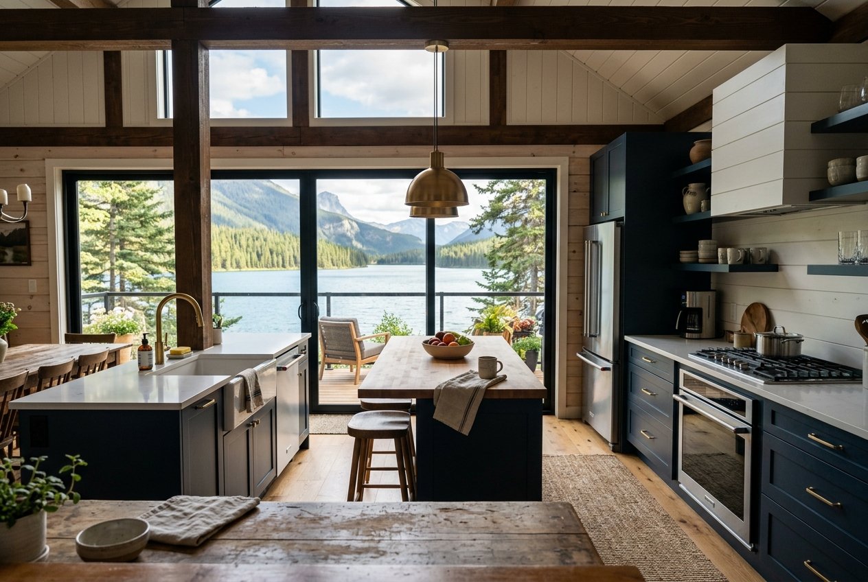 i need a cottage like photo - maybe the inside of a cottage » elitebuilding.ca Bright modern kitchen with dark blue cabinets, a large island, and a lakefront view through sliding glass doors to a deck.