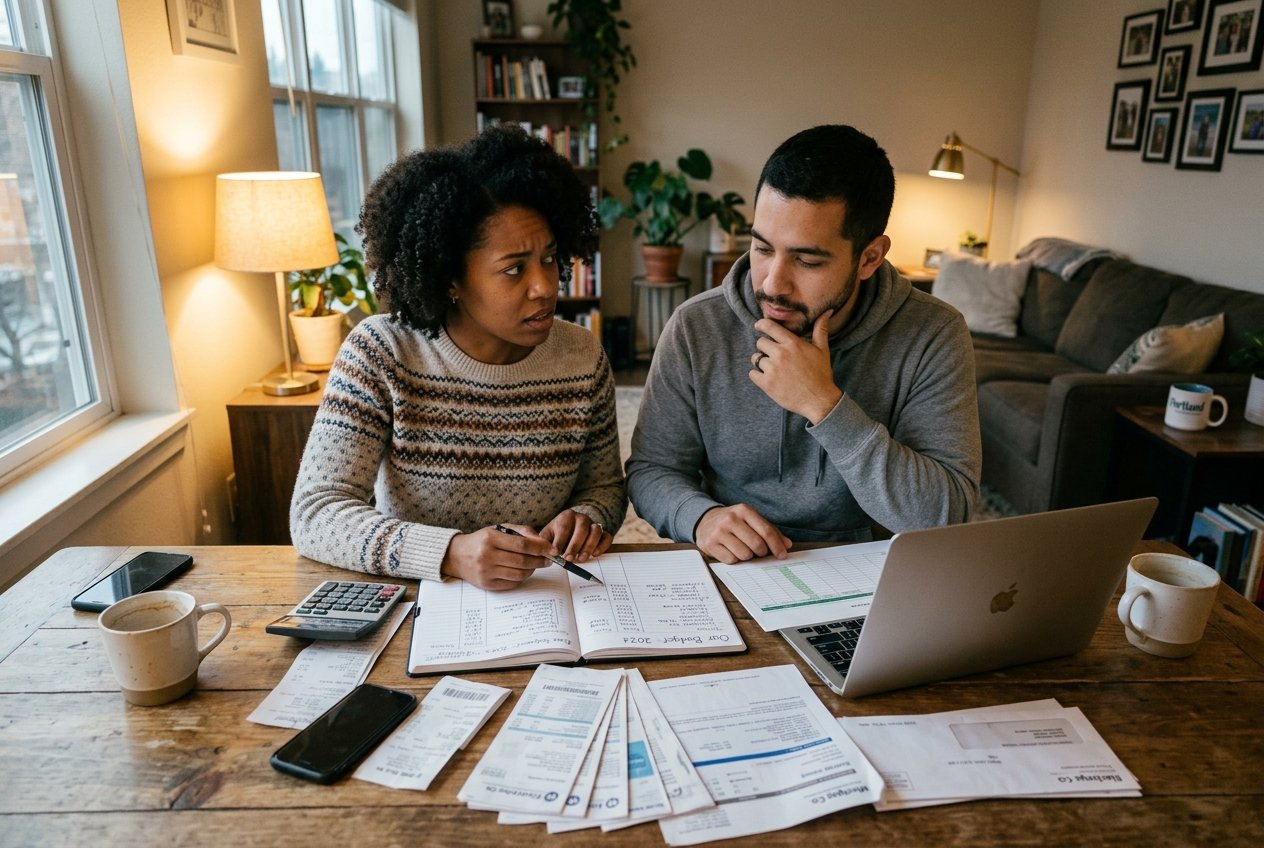 two people deciding looking over their budget » elitebuilding.ca Two people review finances at a wooden table, with bills, a calculator, phone, and a laptop.