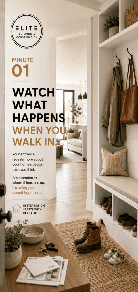 Large vertical promo poster in a bright entryway reading 'Minute 01: Watch what happens when you walk in', with coats hanging nearby and a bench with shoes below.