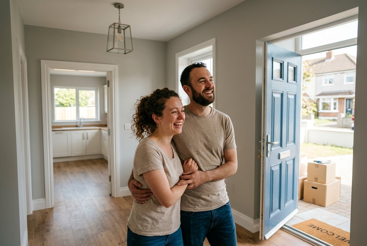 Smiling couple embraces in the entryway of their new home, standing by an open blue front door.