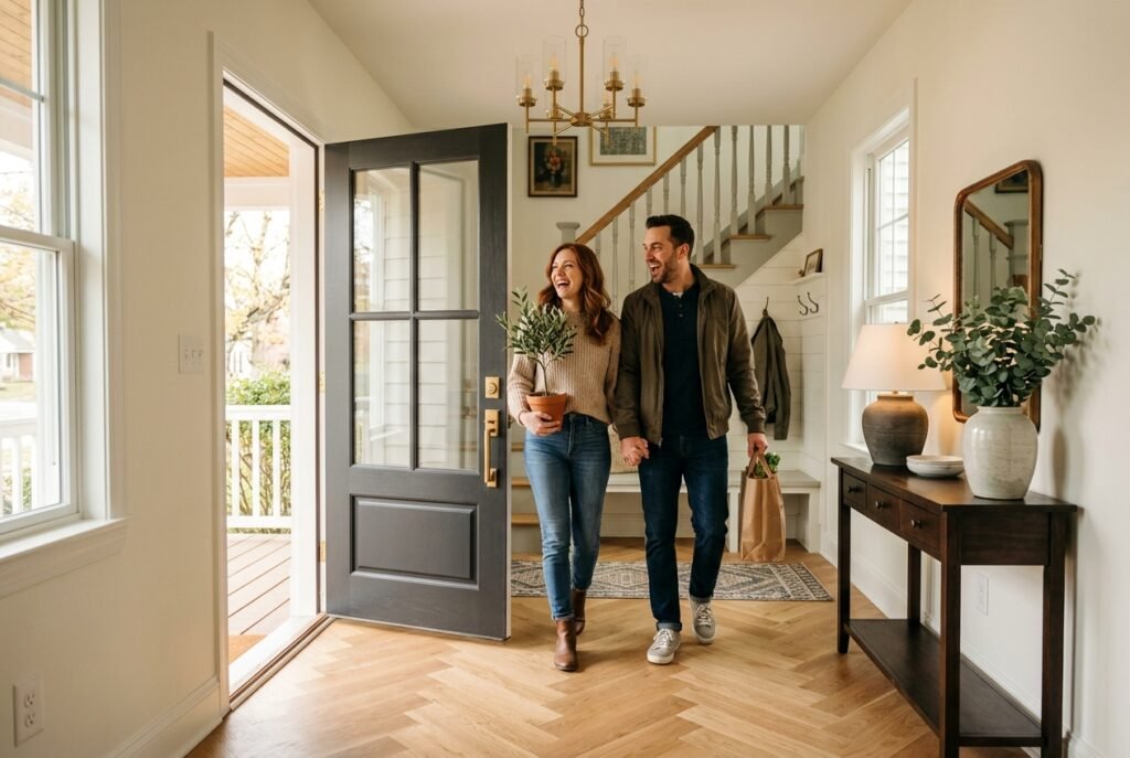 Couple walking inside a bright entry hall after opening the front door; woman holds a potted olive plant and they smile at the doorway.