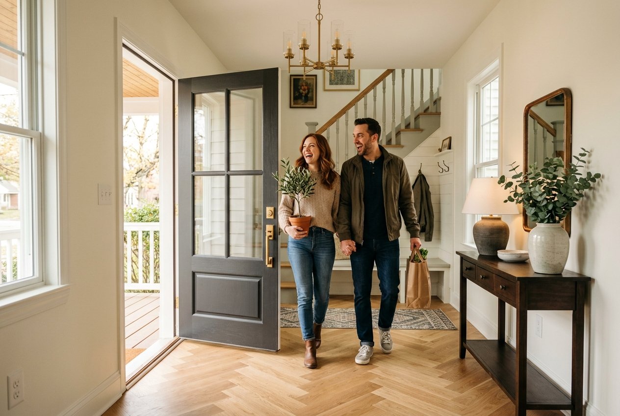 Couple walking inside a bright entry hall after opening the front door; woman holds a potted olive plant and they smile at the doorway.