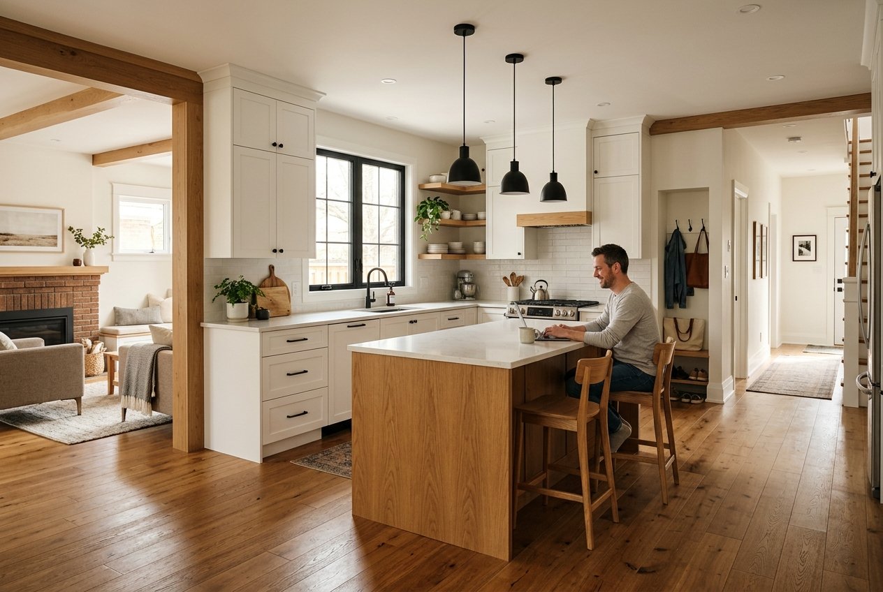 Man sits at a kitchen island working on a laptop in a bright, open-concept home with white cabinets and wood floors.