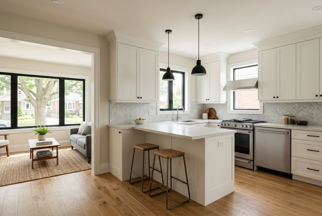Bright white kitchen with an island, two wooden stools, and stainless steel appliances; living room visible through an opening with large windows outside.