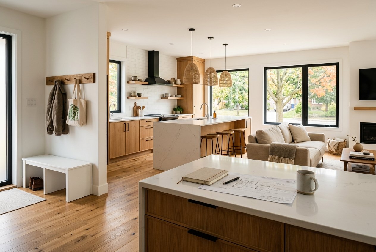 Open-concept kitchen with a marble island, wooden cabinets, and three woven pendant lights; living area with a beige sofa nearby.','Bright modern kitchen and living room with white countertops, wood floors, and large windows showing trees outside.','Kitchen island with workspace and bar stools in a warm, sunlit home interior.']} }``` Wait formatting: It expects array in JSON with quotes correctly. Remove stray backticks and ensure proper JSON. Also ensure only one object with altTexts array. Let's output proper. The initial wrapper format is {