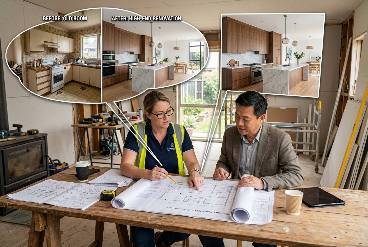Two professionals review renovation plans at a construction-site table, with insets showing an old beige kitchen before and a modern marble-and-wood kitchen after the remodel.