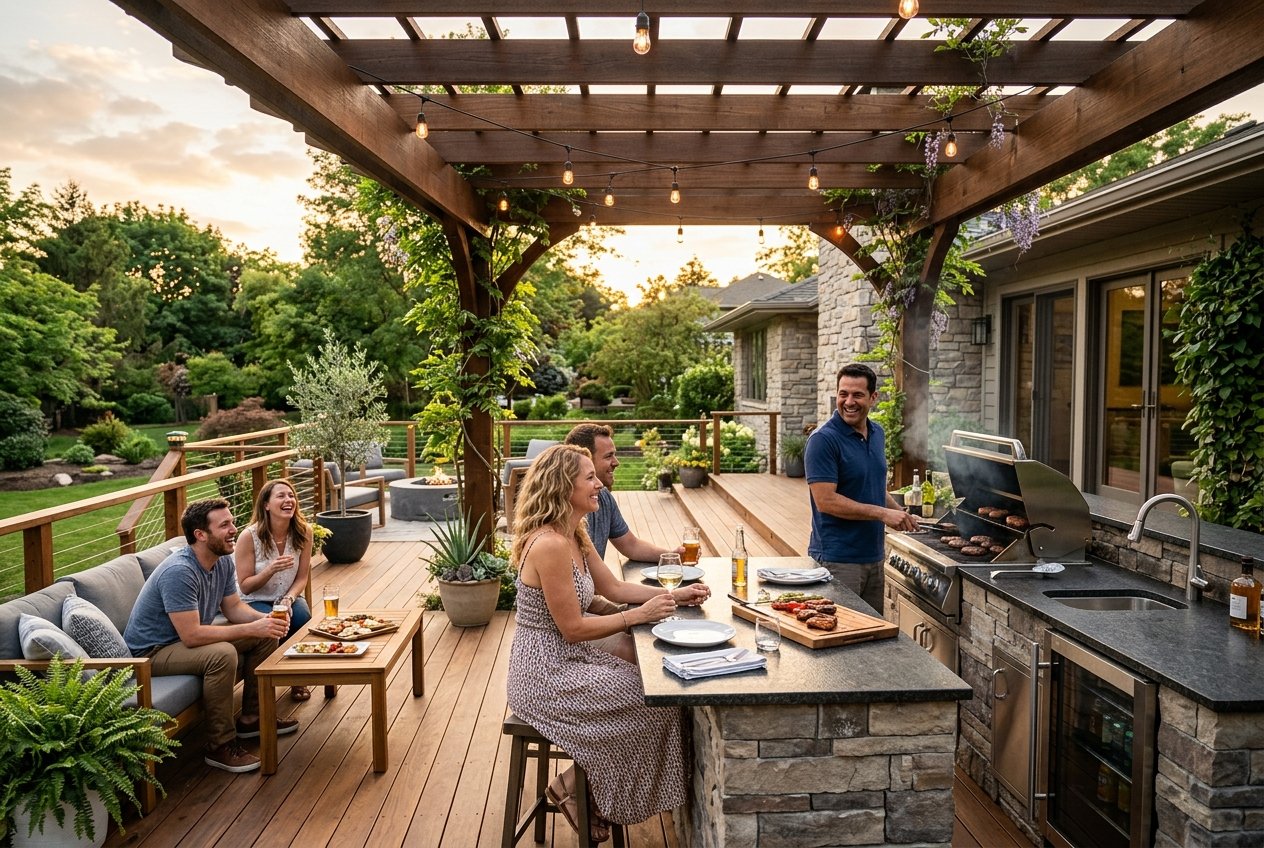 people enjoying their newly renovated deck make it with a p » elitebuilding.ca People gathered on a wooden deck under a pergola, grilling burgers and enjoying drinks at an outdoor barbecue.