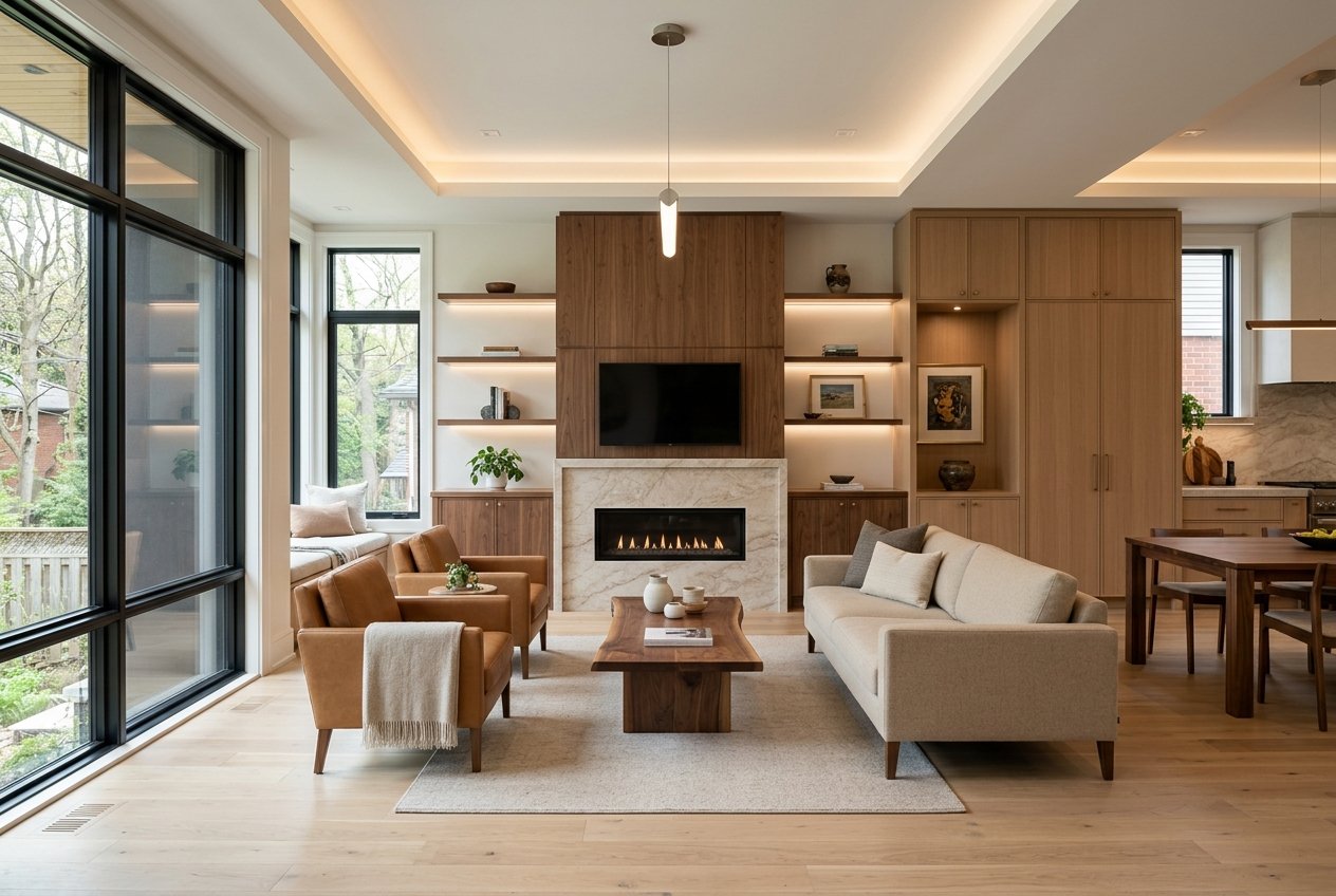 Spacious living room with large windows, beige sofa, brown leather chairs, and a wooden coffee table around a marble fireplace and built-in shelves with a TV above.