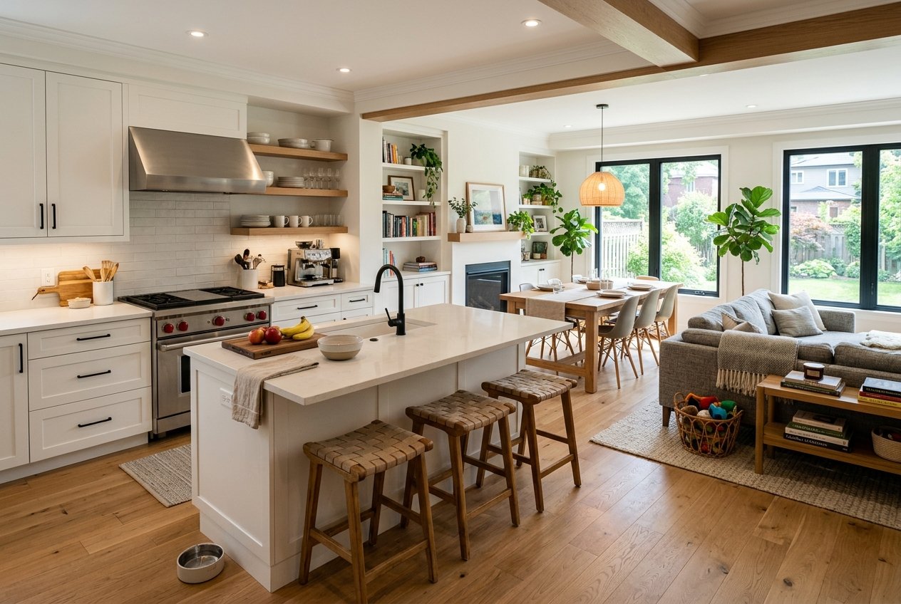 Open-concept kitchen and living room with white cabinets, a large island, wooden stools, and a stainless stove, flowing into a dining area by large windows.