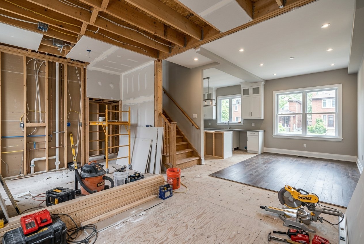 Photorealistic interior of a full home renovation in progres » elitebuilding.ca Open-concept living area under renovation with exposed ceiling beams, staircase, and scattered tools throughout the space.