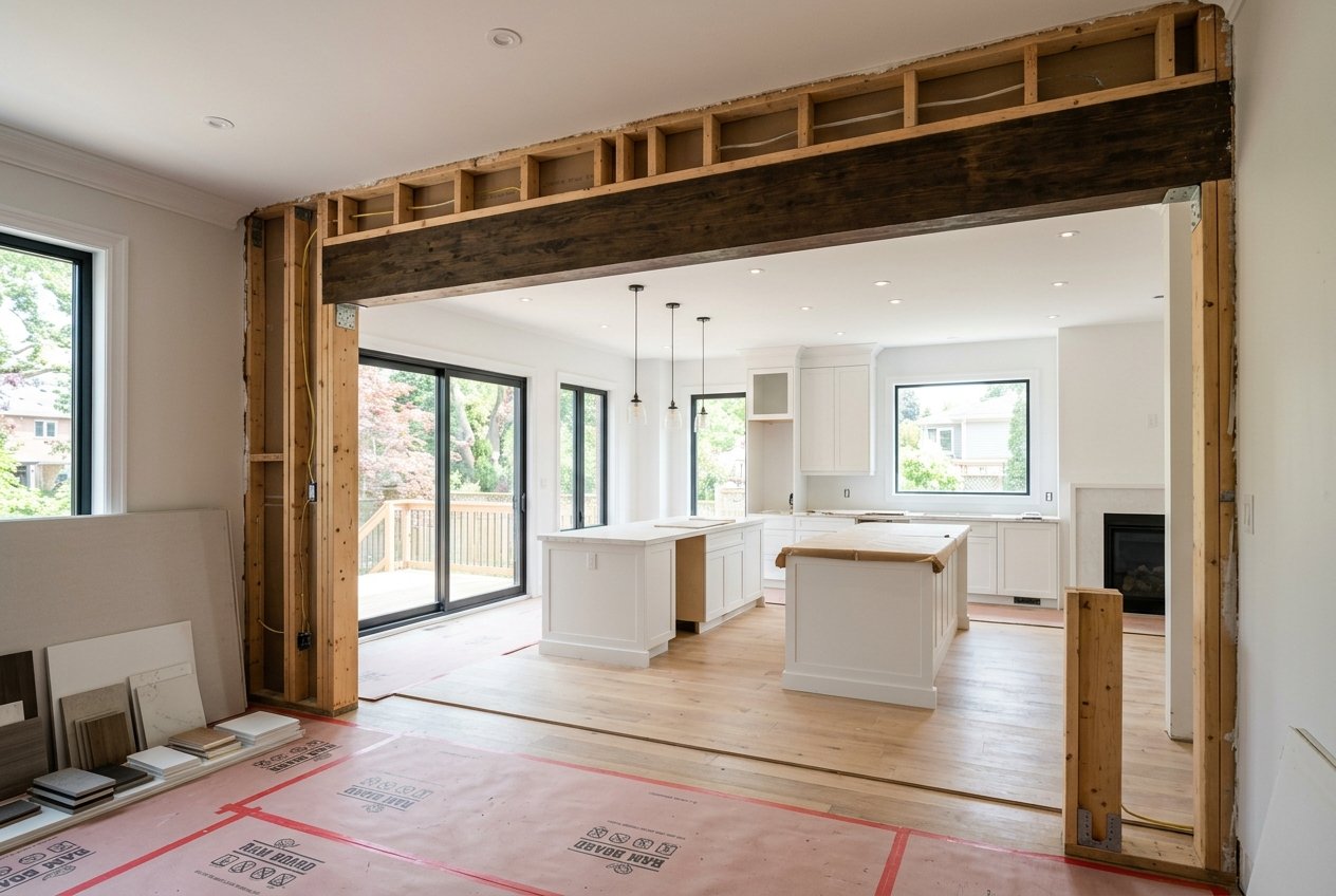 Bright kitchen under renovation with white cabinets, island, pendant lights, and a sliding door to the outdoor deck