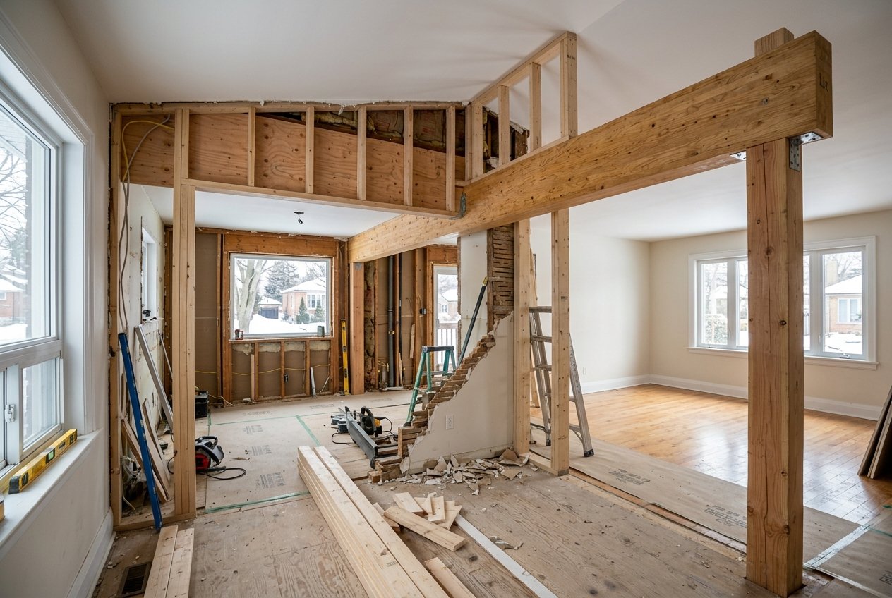 Open-plan living area under renovation with exposed studs, lumber, and construction debris, illuminated by natural light from large windows.