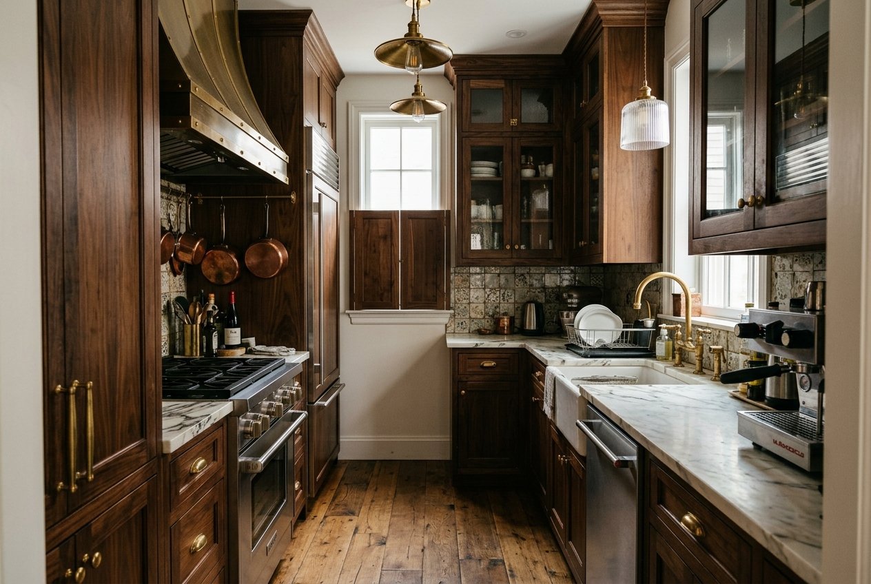 Classic dark-wood kitchen with marble countertops and copper pots hanging above a gas range
