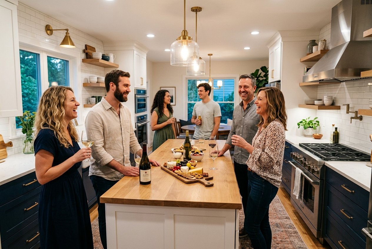 Six friends share a casual wine night around a wooden kitchen island with a cheese board and snacks, in a bright modern kitchen.