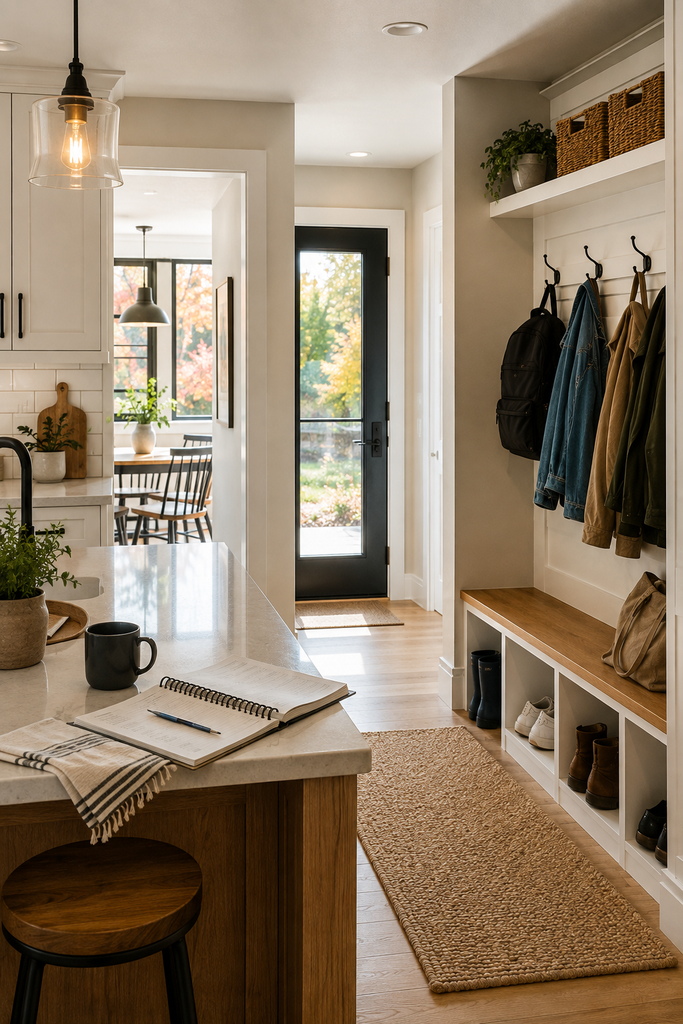 Bright kitchen with an adjacent mudroom: a built-in bench and cubbies for boots, coats on hooks, and baskets on a shelf near a glass-front door.