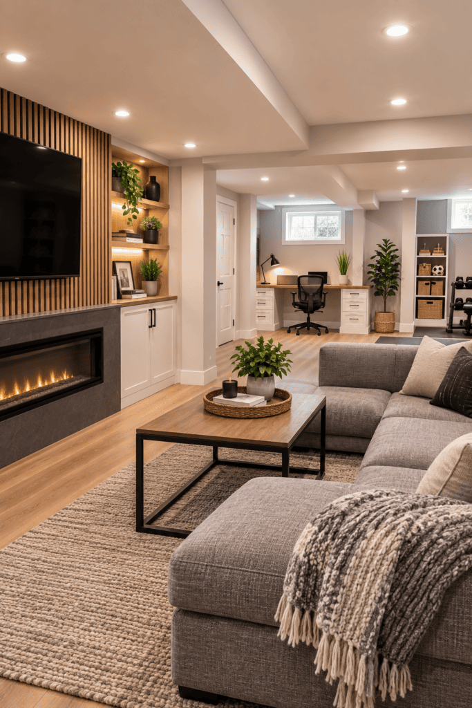 blog » elitebuilding.ca Cozy basement living room with a lit fireplace, TV, and built-in shelves beside a gray sectional sofa and coffee table. A modern, multi-use basement lounge featuring a fireplace, mounted TV, and organized storage shelves.