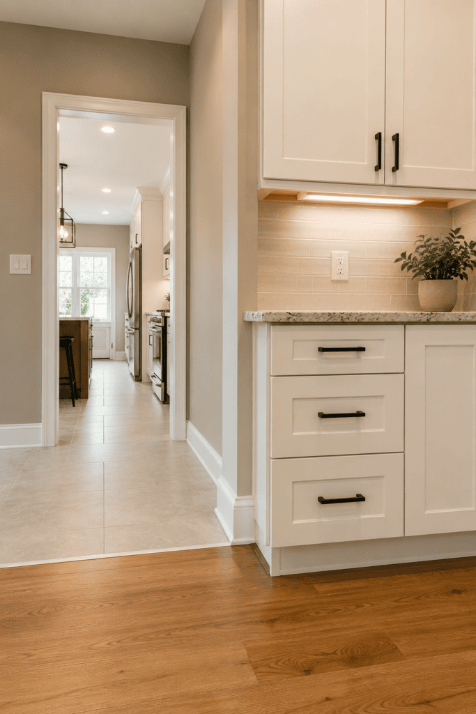 White cabinets with black handles and a granite countertop run along a tiled backsplash; under-cabinet lighting and a potted plant sit on the counter, with a doorway to a bright kitchen and dining area ahead.