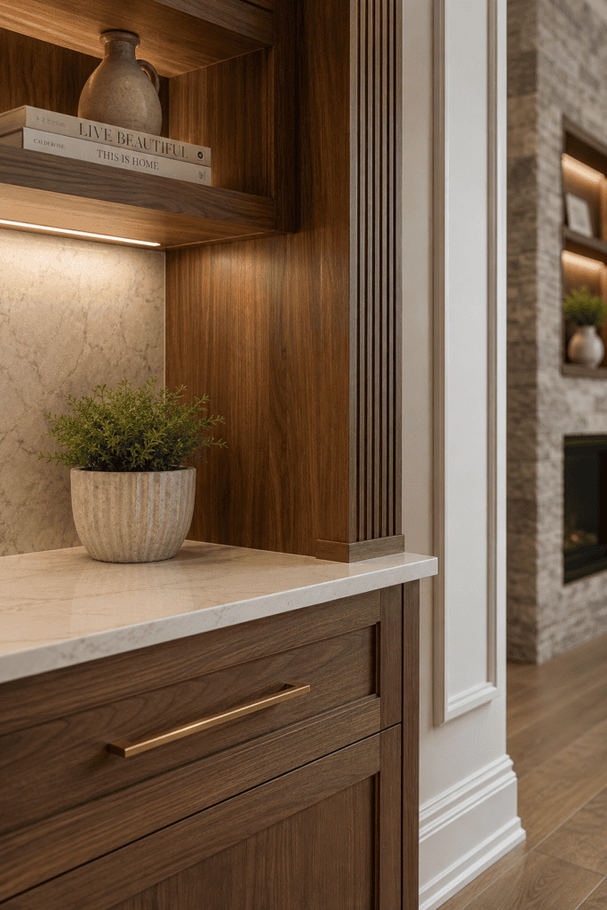Wooden built-in cabinet with a marble countertop, a small potted plant, and stacked decorative books on a shelf.