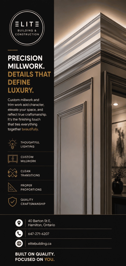 blog-tall » elitebuilding.ca Banner for Elite Building & Construction featuring a circular logo, bold 'Precision Millwork' headline, and a list of luxury services beside a close-up molding detail; includes contact info at the bottom.