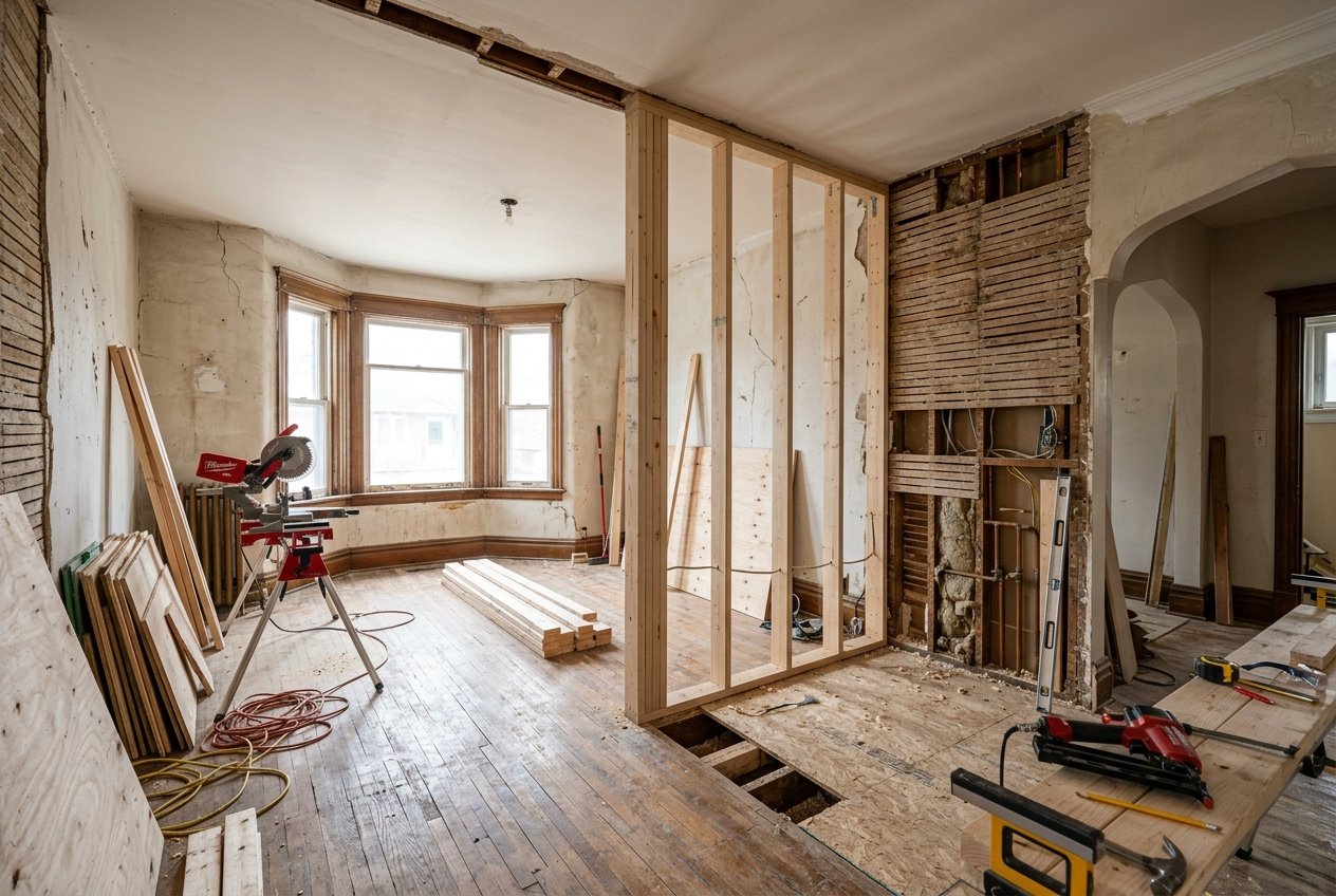 Room under renovation with exposed studs, wooden framing, and construction tools on the floor.