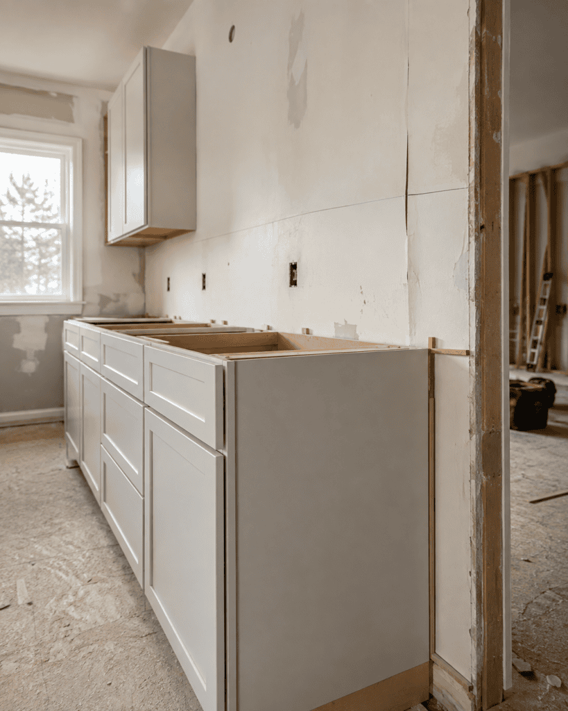Out-of-square wall during a kitchen renovation in an older Hamilton home